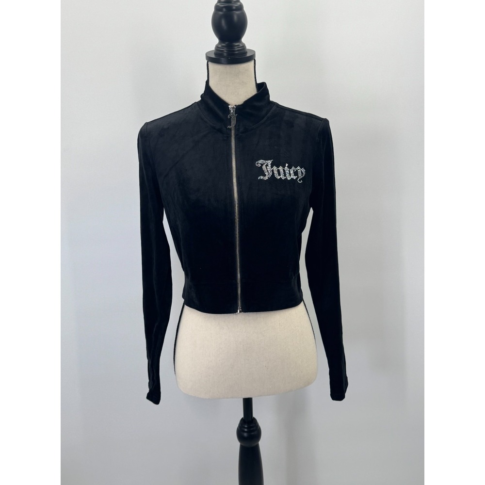 Juicy Couture Full Zip Crop Black Velour Sweatshirt M Bling Rhinestone Y2K Glam